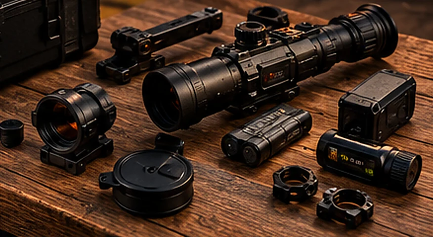 Concept illustration of optics and accessories on a workbench